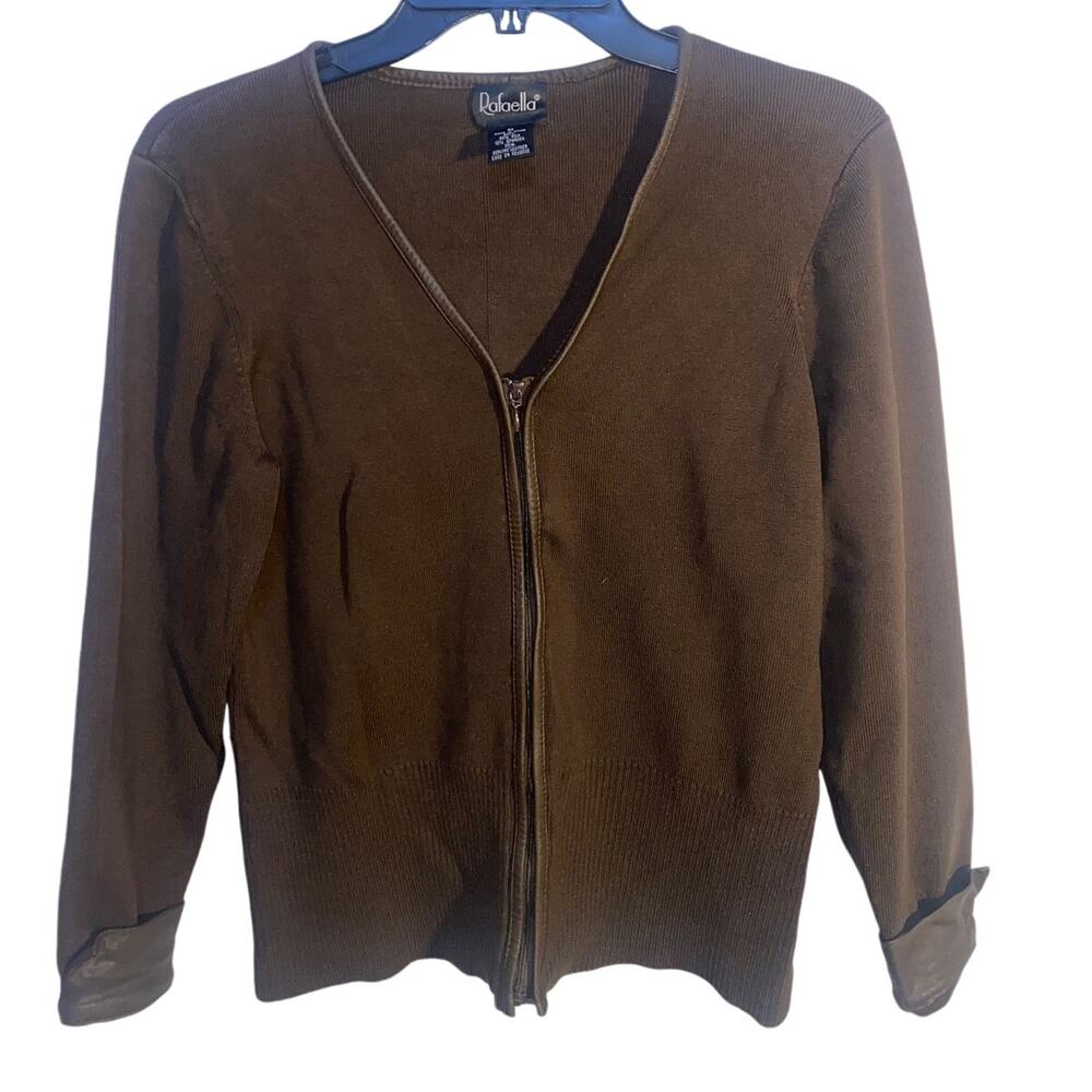 Rafaella Women's Medium Brown Silk & Leather Jacket Cardigan